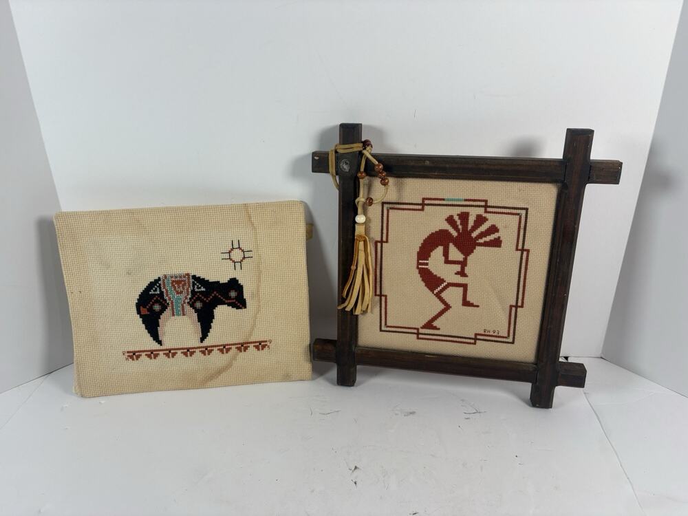 Vintage 1993 Southwest Needlepoint Wall Art Kokopelli Buffalo Textile Lot 2